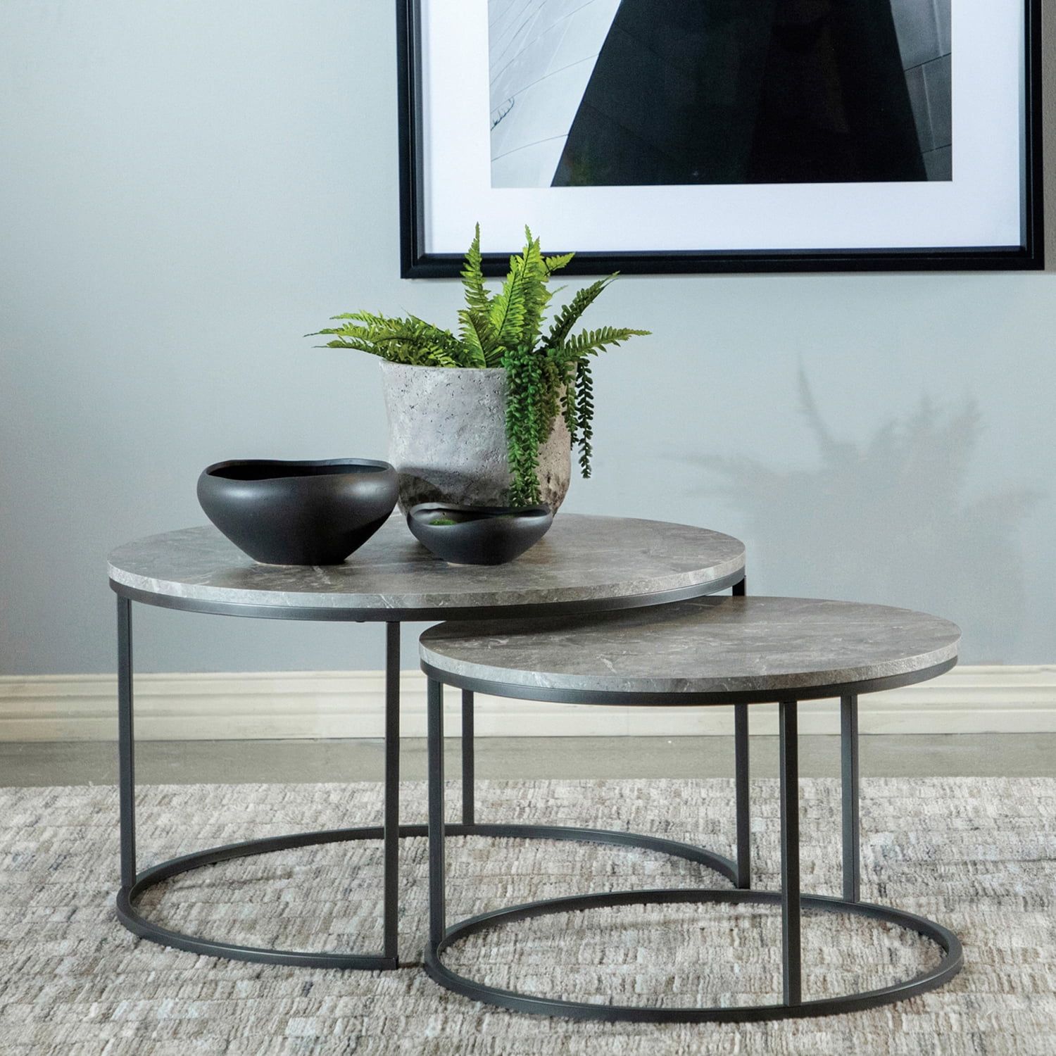 Gray Faux Marble and Wood Round Nesting Coffee Table Set