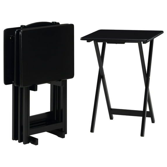 Black Asian Hardwood 4-Piece Folding Tray Table Set with Stand
