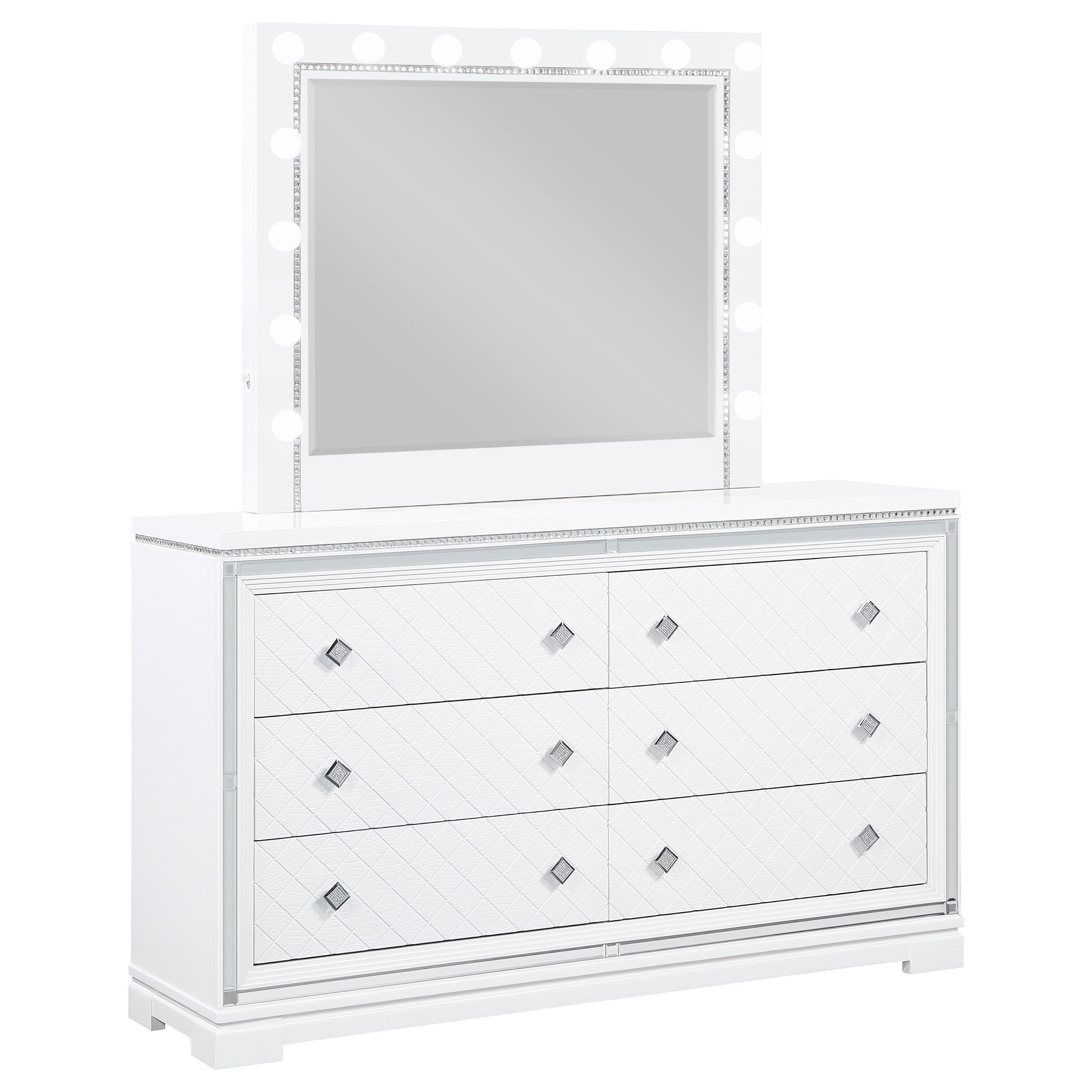 White Glam 6-Drawer Dresser with Mirror and Crystal Knobs