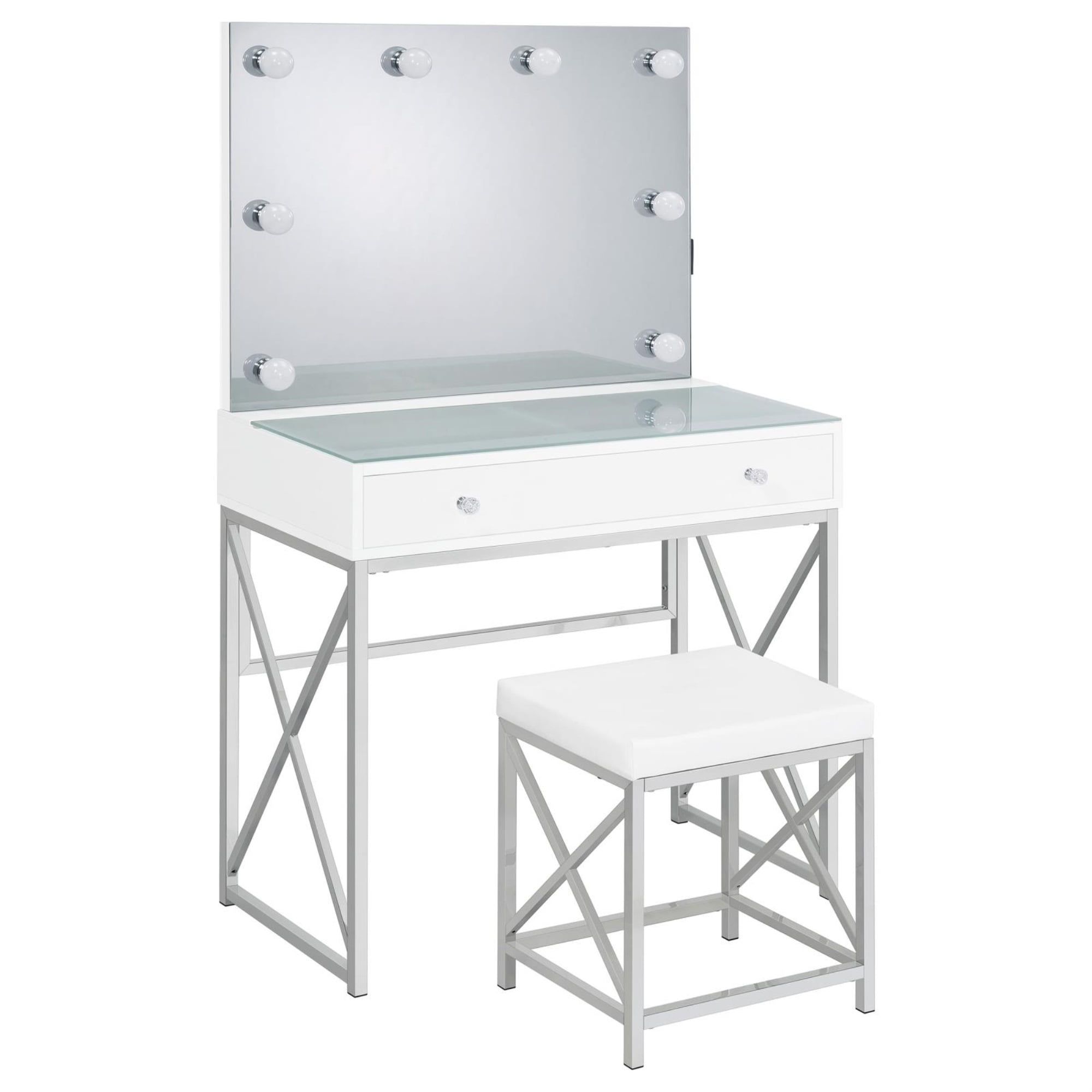 White and Chrome Vanity Set with Lighted Mirror and Bench