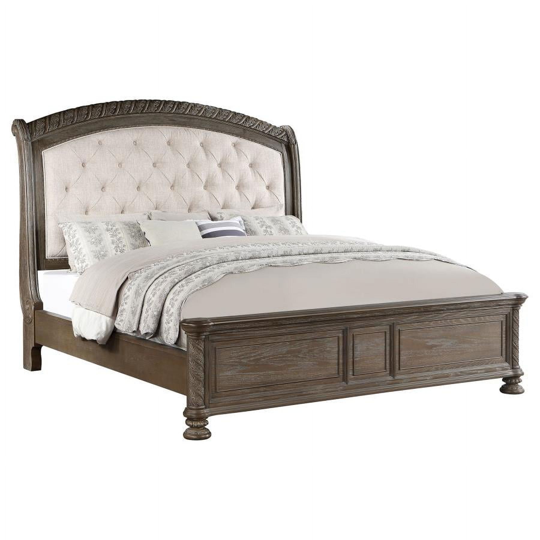 Walnut and Beige King Upholstered Tufted Headboard Bed