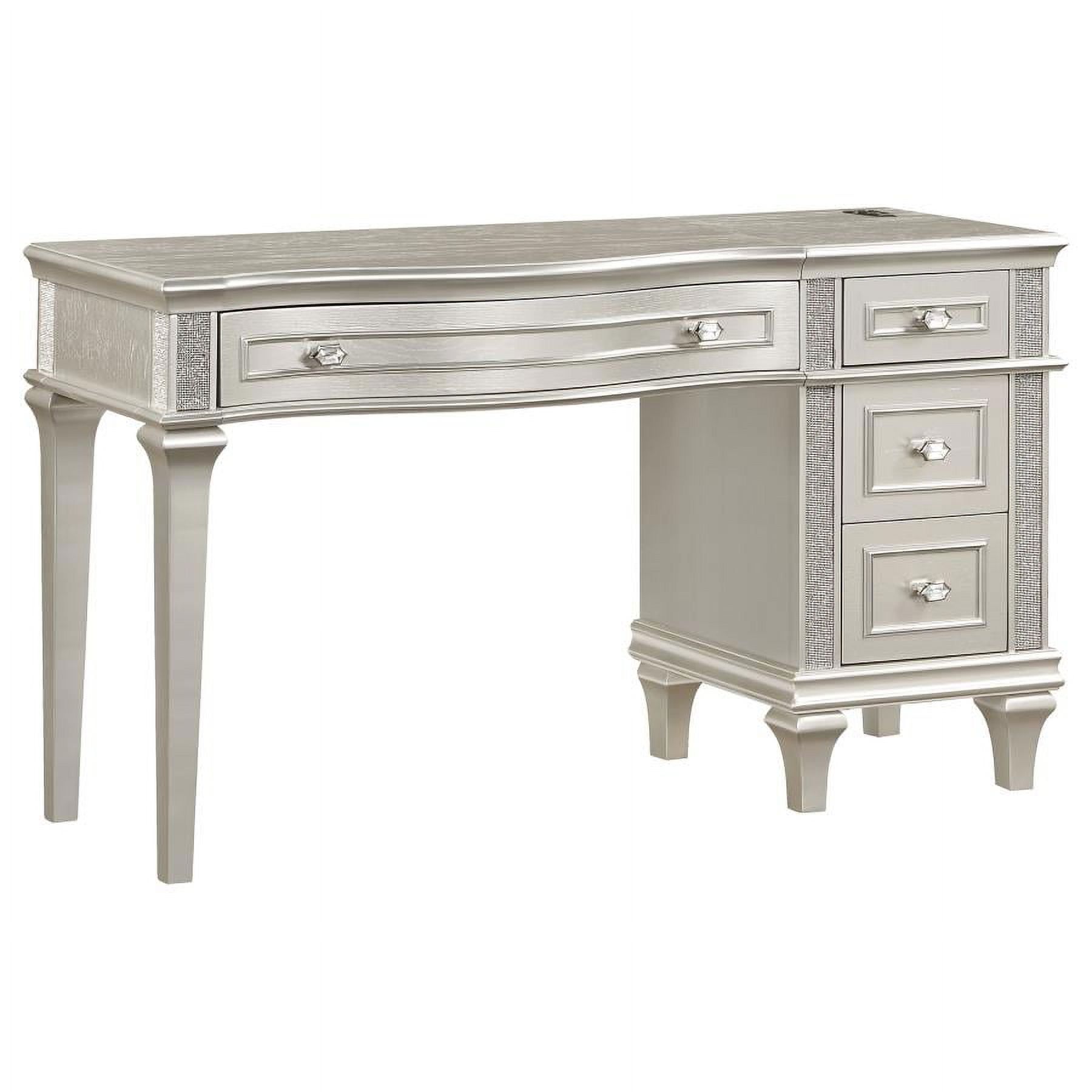 Evangeline Silver Oak 4-Drawer Vanity Table with Faux Diamond Trim