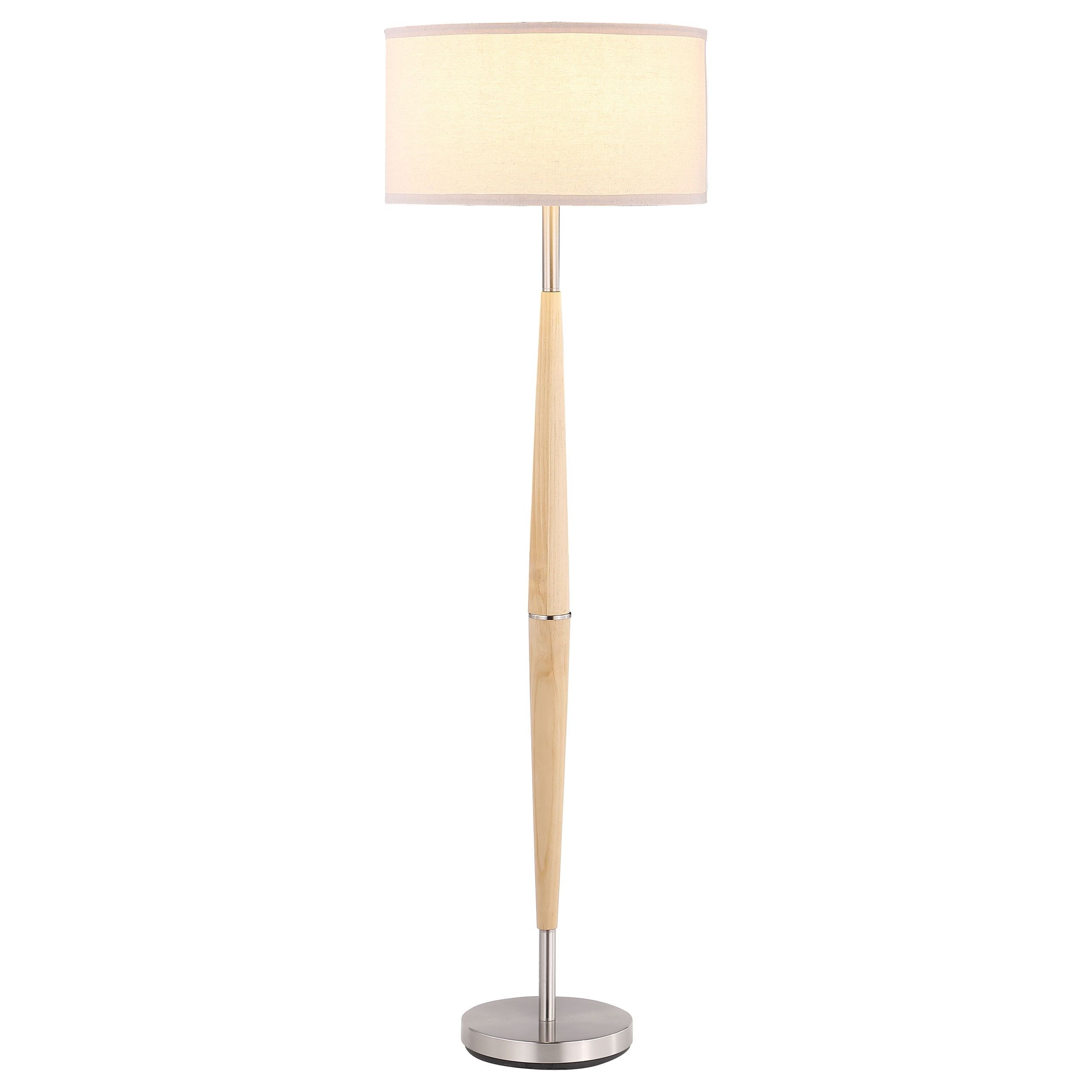 58-Inch White Drum Shade Natural Wood Floor Lamp