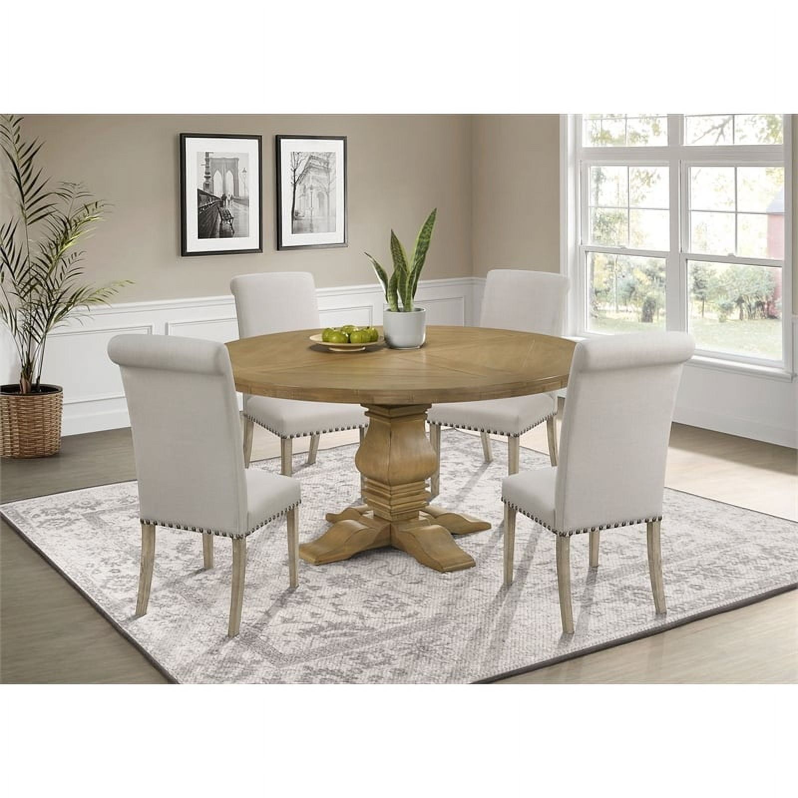 Rustic Smoke and Beige Round Wood Dining Set with Upholstered Chairs