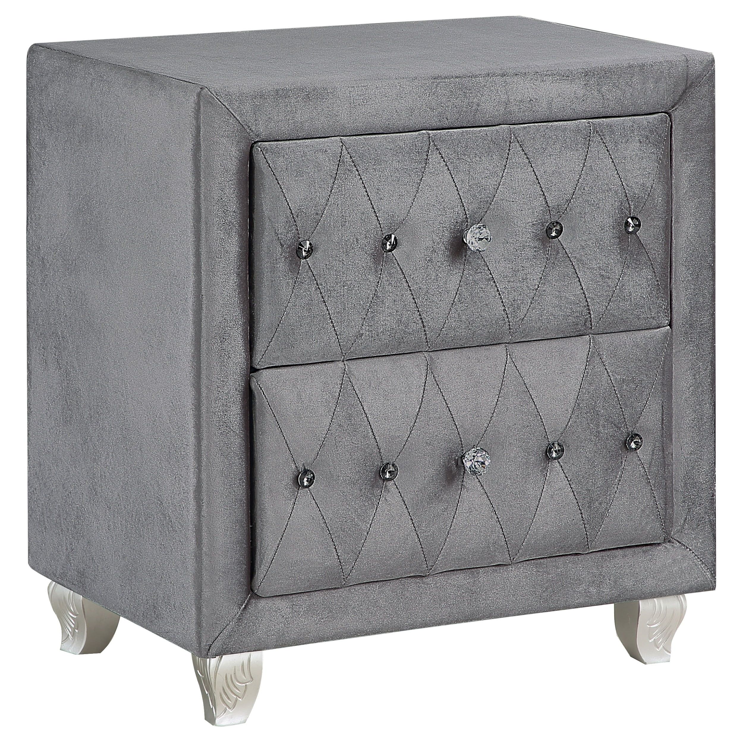 Gray Velvet 2-Drawer Nightstand with Crystal Pulls