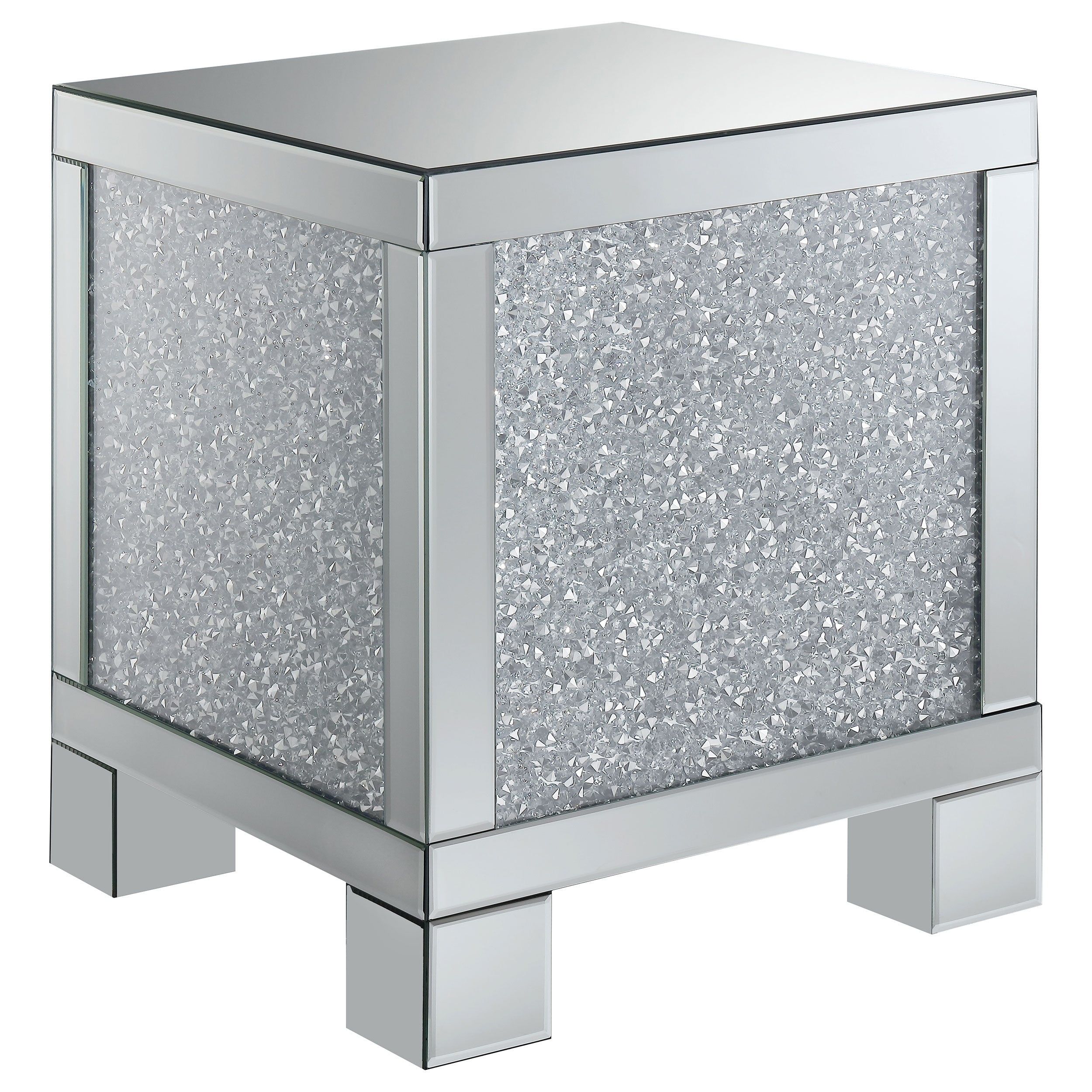 Silver Mirrored Crystal-Accented Square End Table