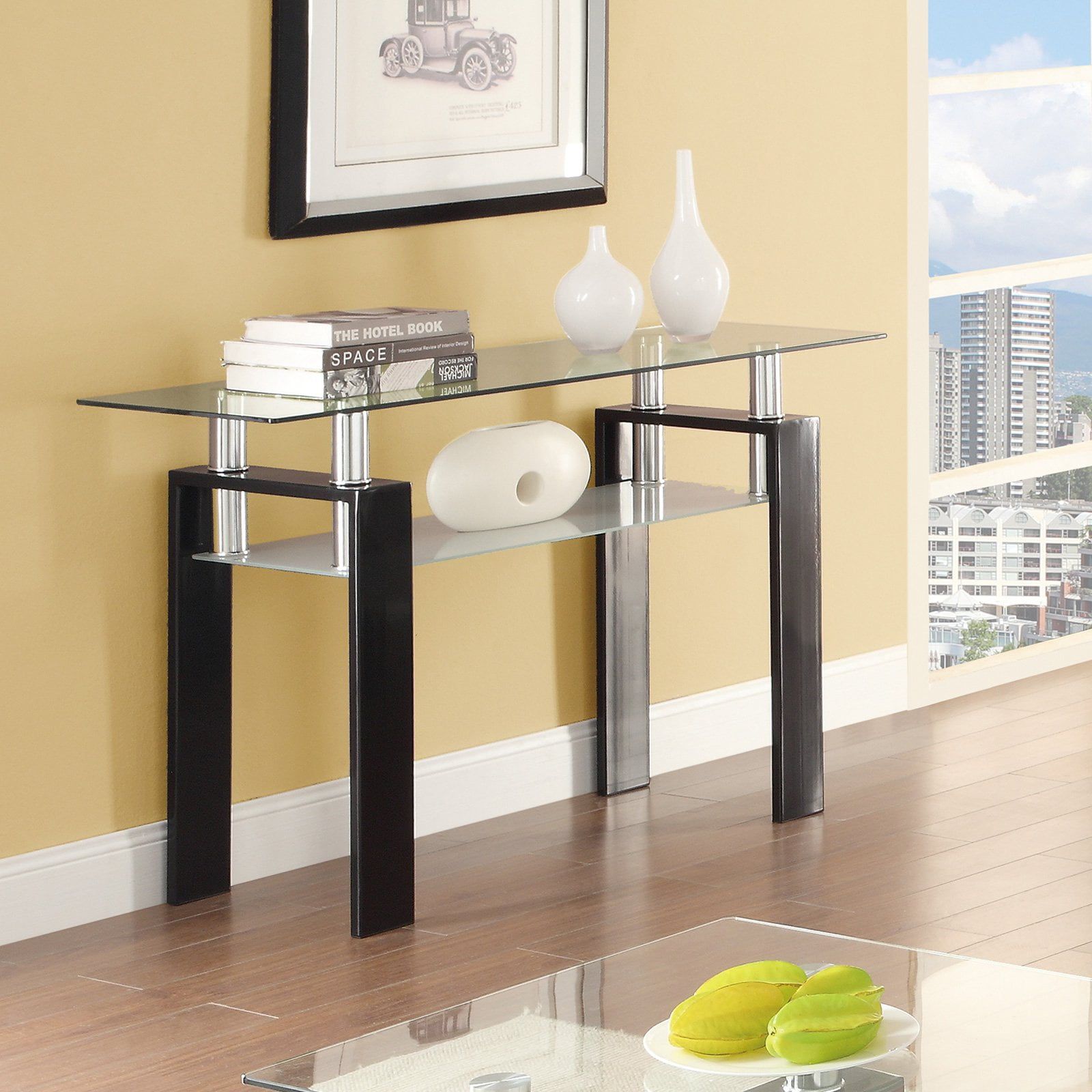 48" Black Contemporary Metal & Glass Console Table with Storage