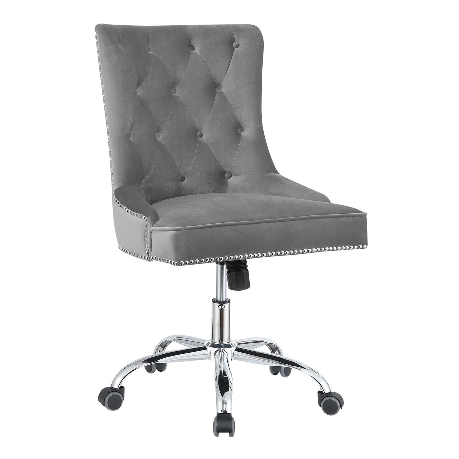 Transitional Grey Velvet Swivel Desk Chair with Chrome Accents