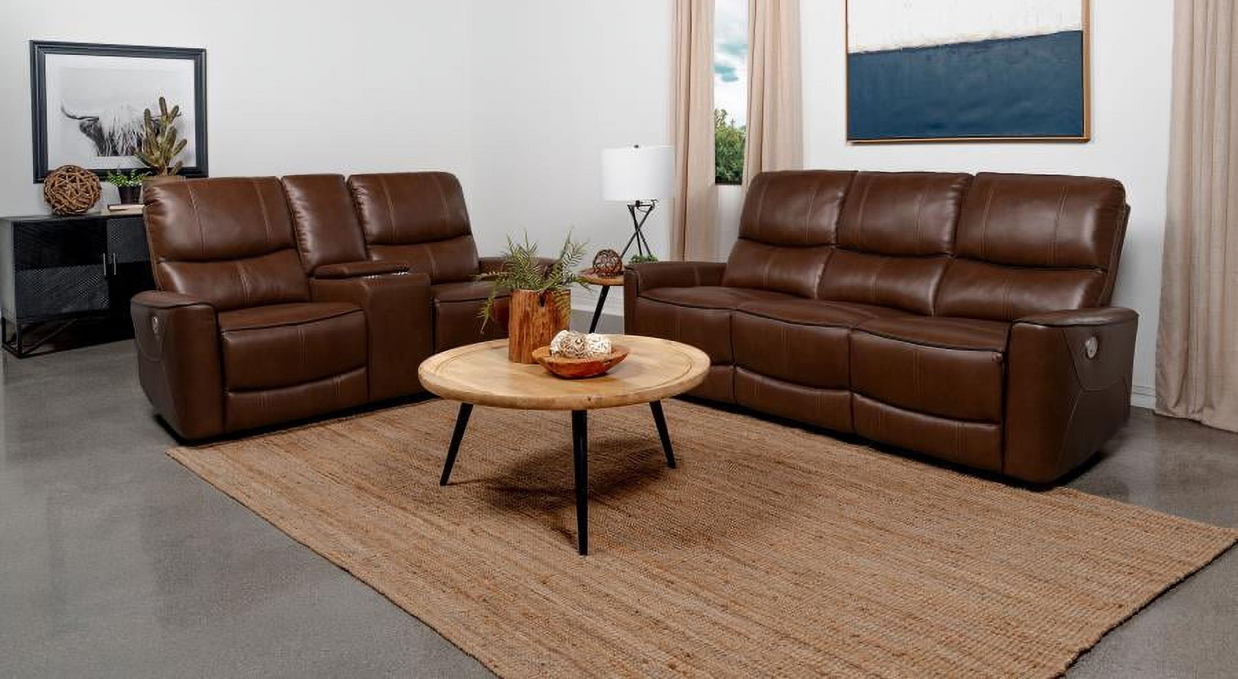 Saddle Brown Faux Leather Power Reclining Sofa Set