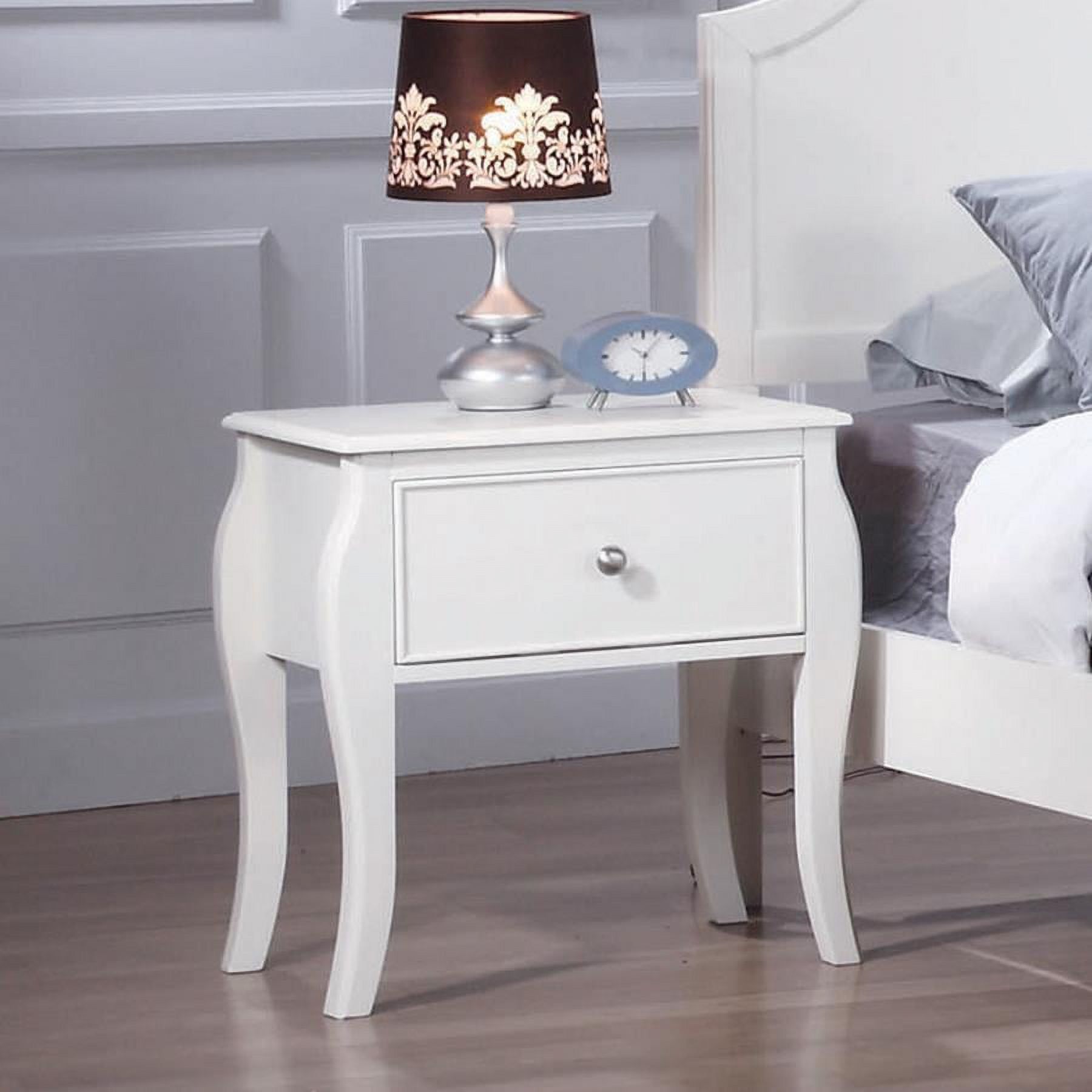 White Contemporary 1-Drawer Nightstand with Curved Legs