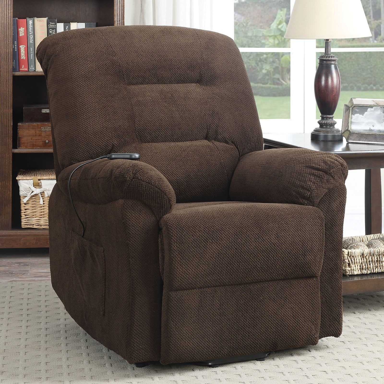 Chocolate Comfort 36.5" Metal Power Lift Recliner with Remote