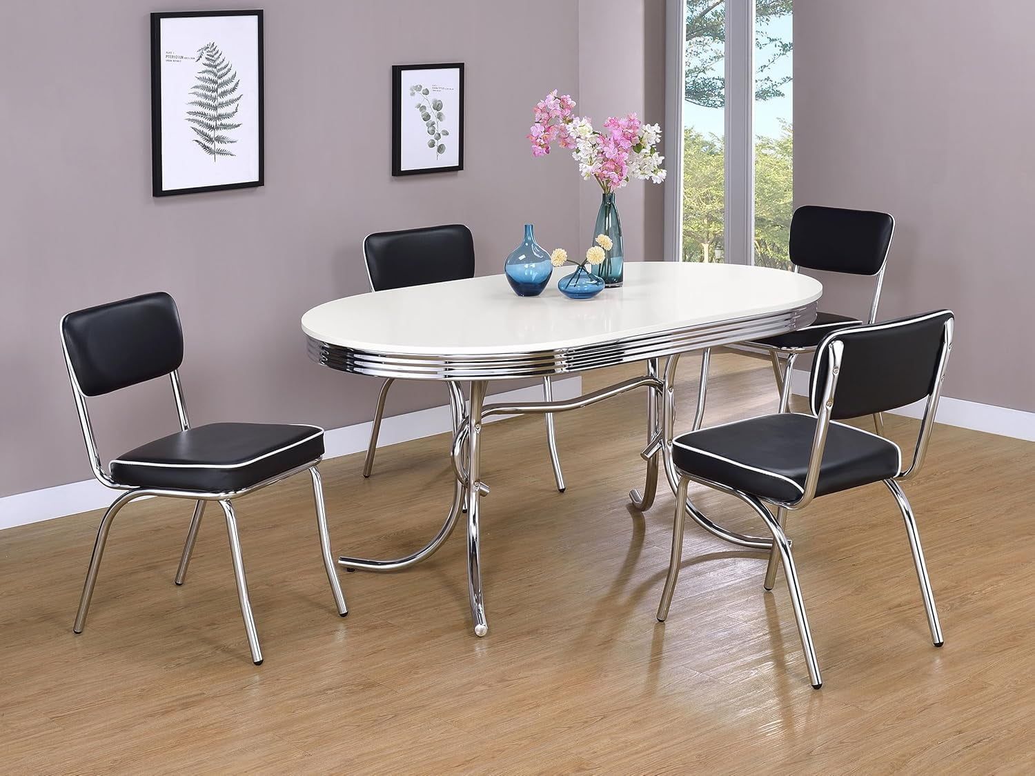 Retro 5-Piece White and Black Oval Dining Set with Chrome Base