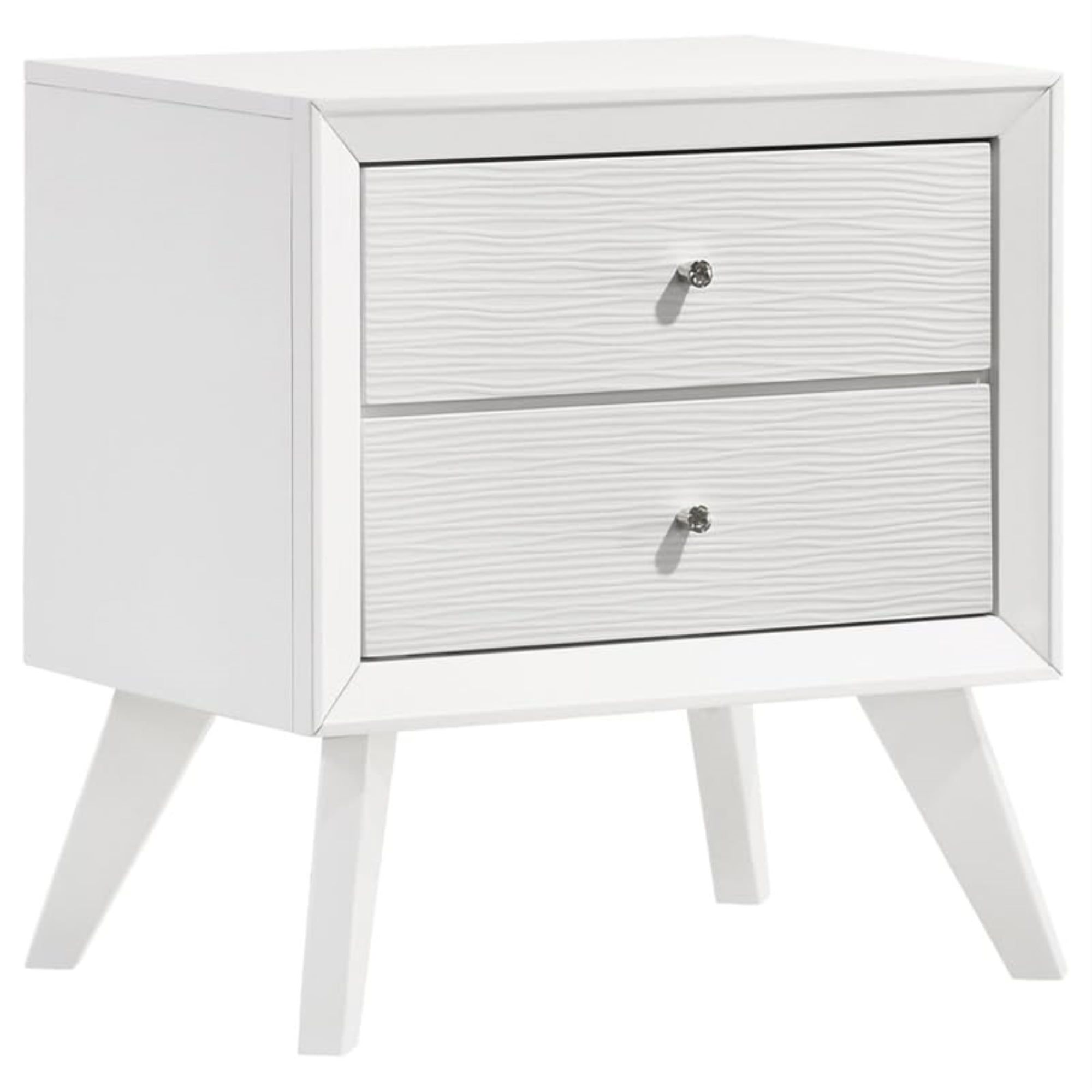 White Mid-Century Modern 2-Drawer Nightstand with Faux Crystal Knobs