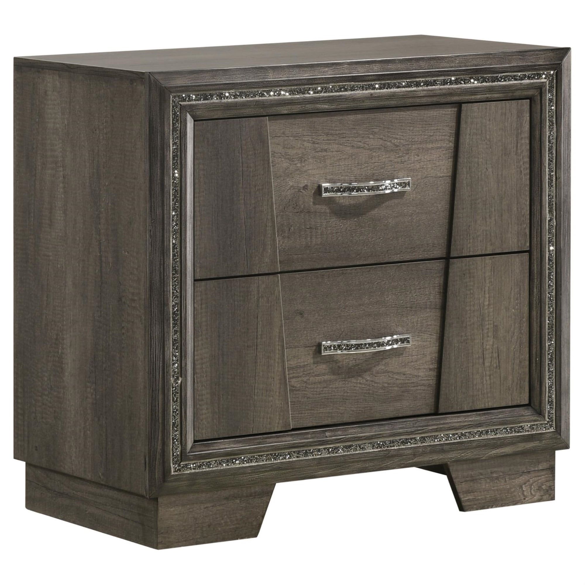 Gray Oak 2-Drawer Transitional Nightstand with Glittering Strips