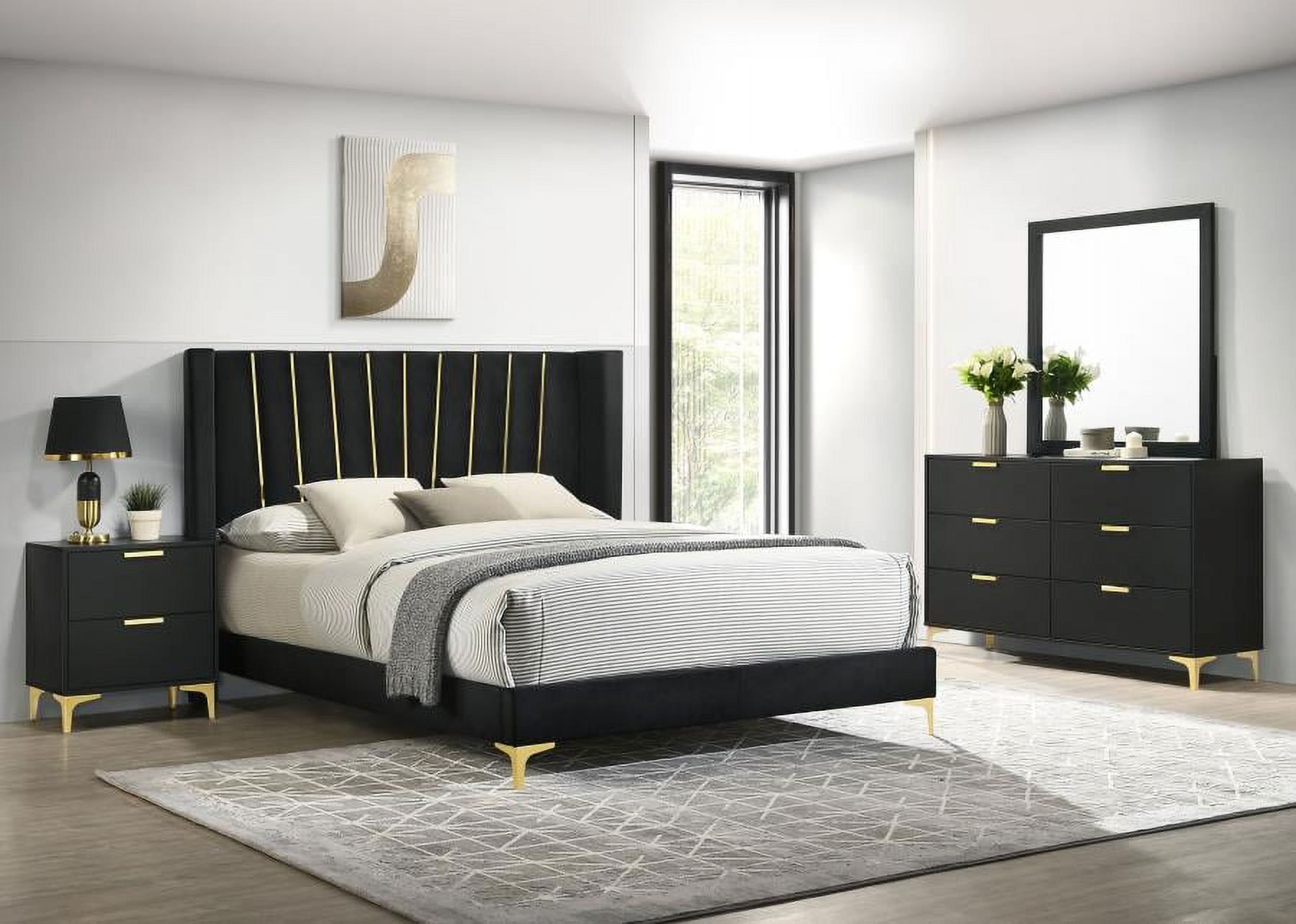 Kendall Black Upholstered Tufted Queen Bedroom Set with Gold Accents