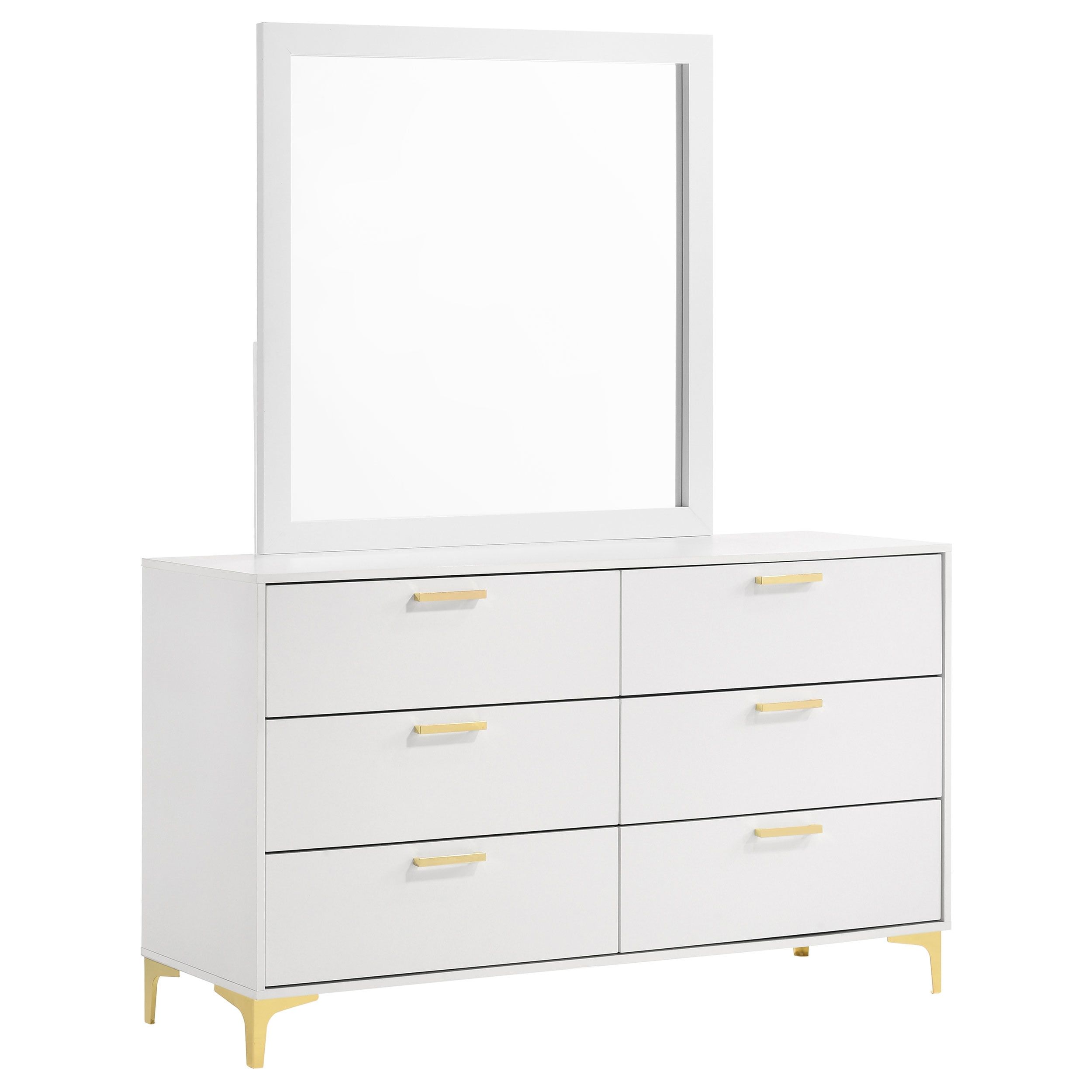 White 6-Drawer Dresser with Mirror and Gold Accents