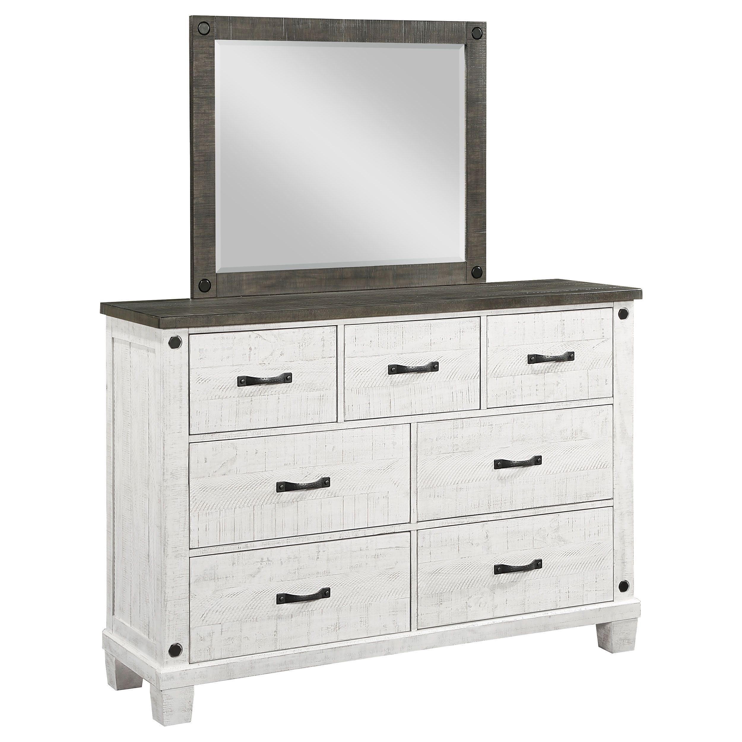 Distressed Gray and White Pine 7-Drawer Dresser with Mirror