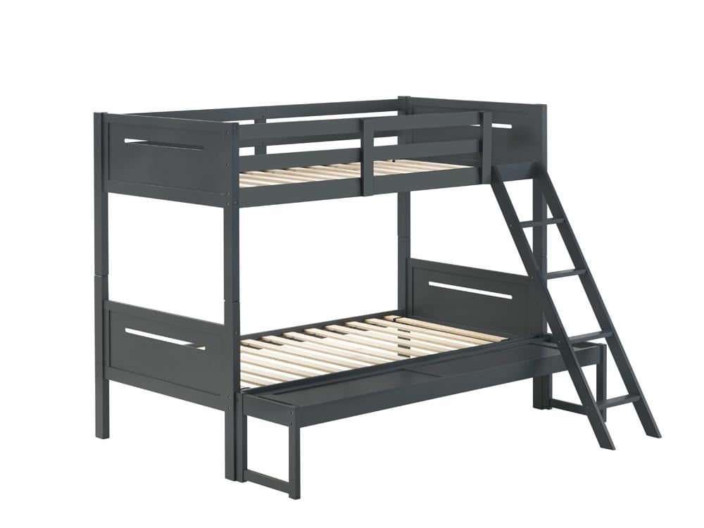 Gray Twin Over Full Wood Bunk Bed with Slats and Drawer