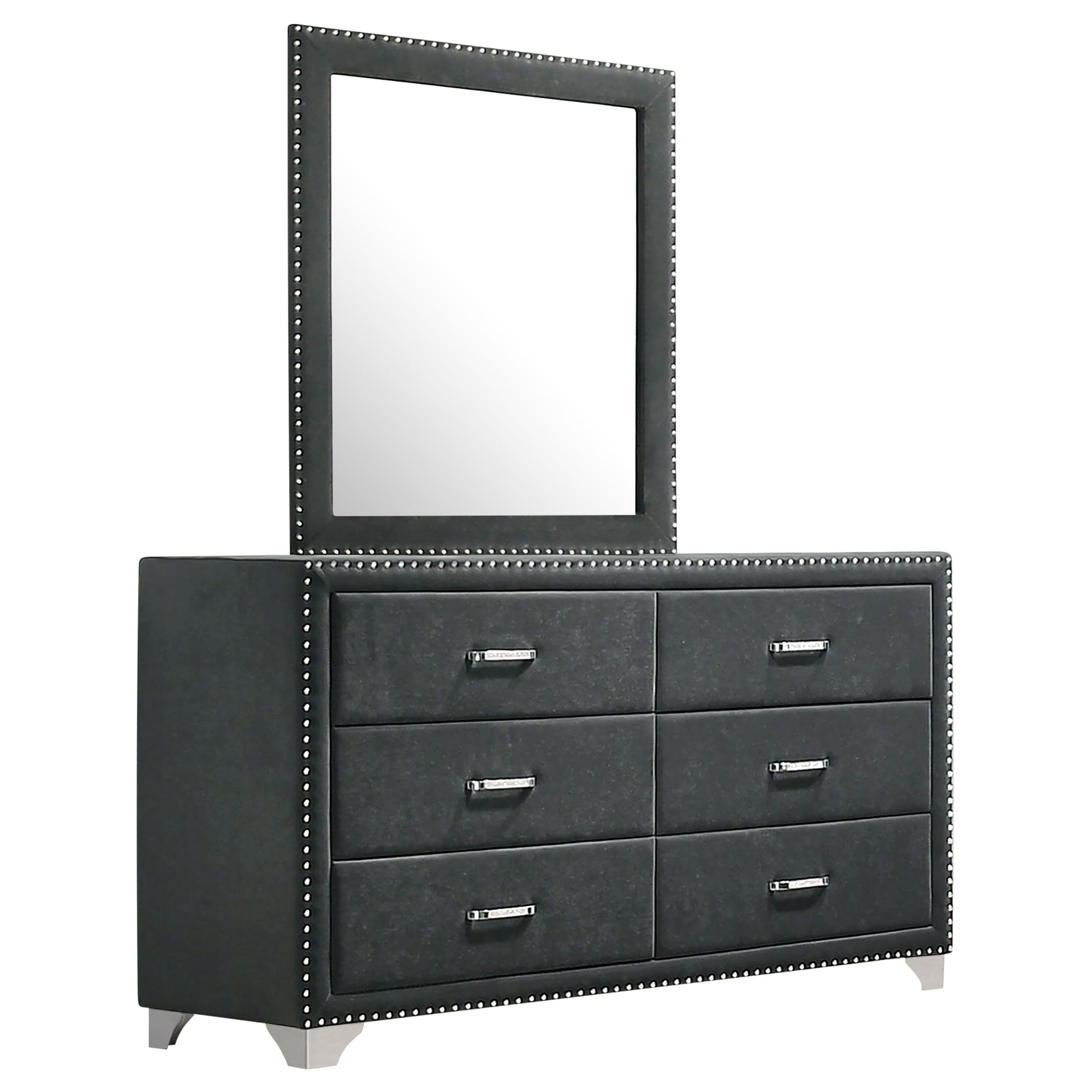 Dark Gray Velvet 6-Drawer Dresser with Mirror and Nailhead Trim