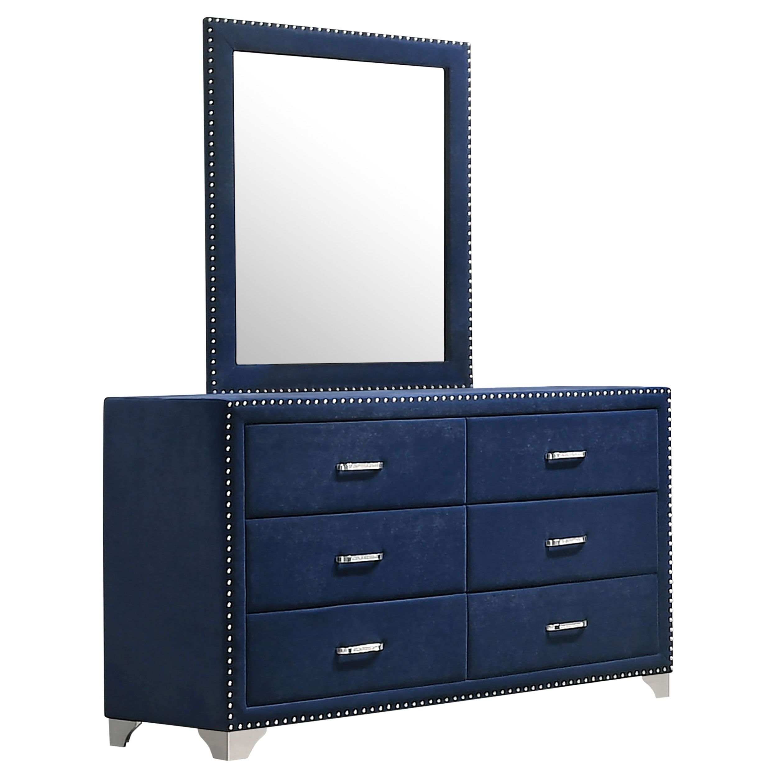 Pacific Blue Velvet Upholstered Dresser with Mirror and Dovetail Drawers