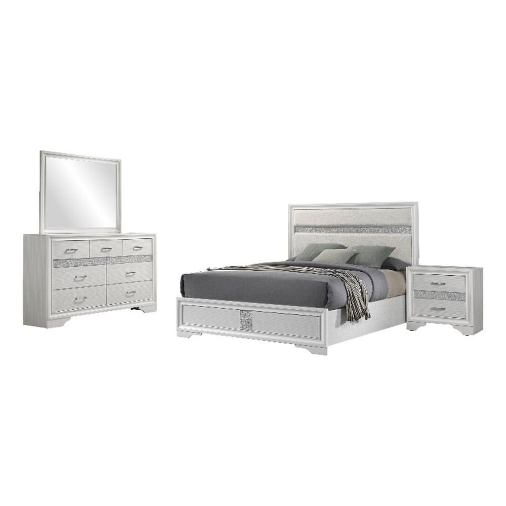 White Queen Bedroom Set with Upholstered Headboard and Glitter Trim