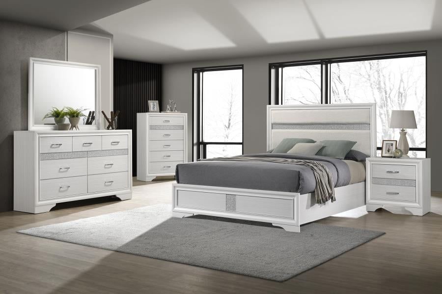 White Queen Bedroom Set with Upholstered Headboard and Glitter Trim
