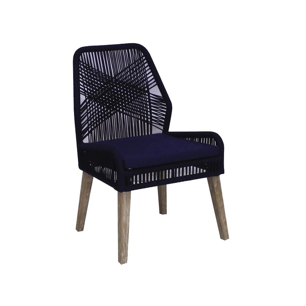 Navy Blue Woven Rope Upholstered Side Chair with Mahogany Legs