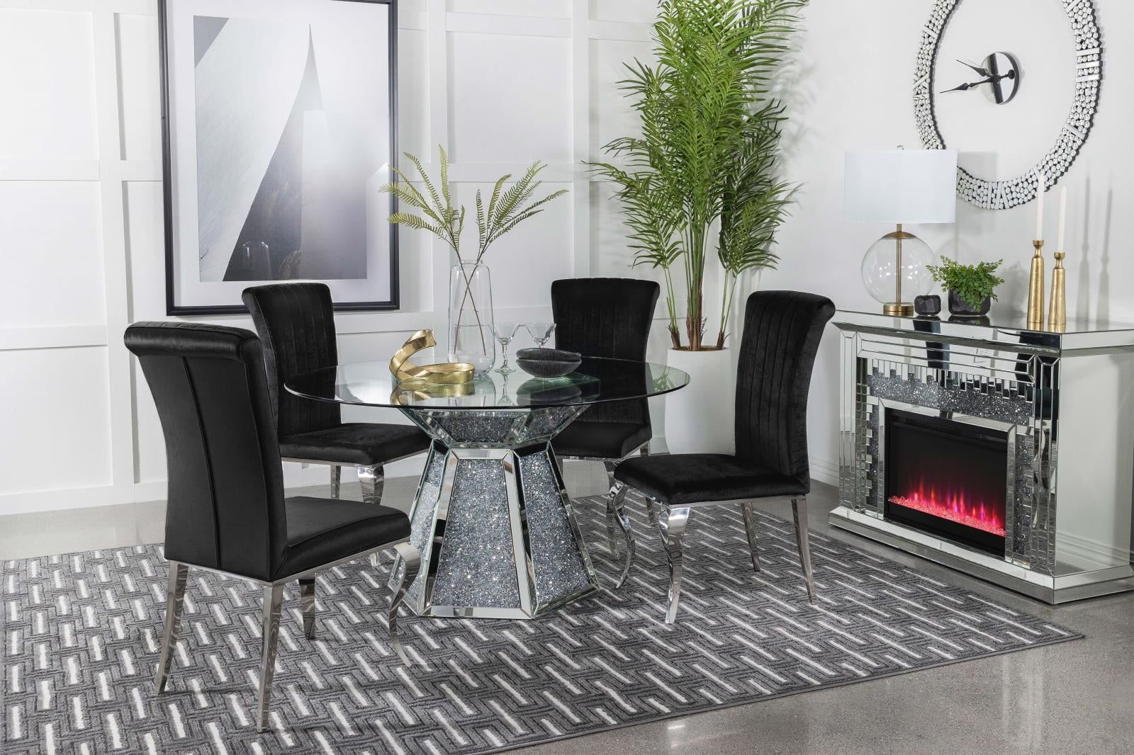 Hexagonal Glass and Mirror Dining Set with Black Velvet Chairs