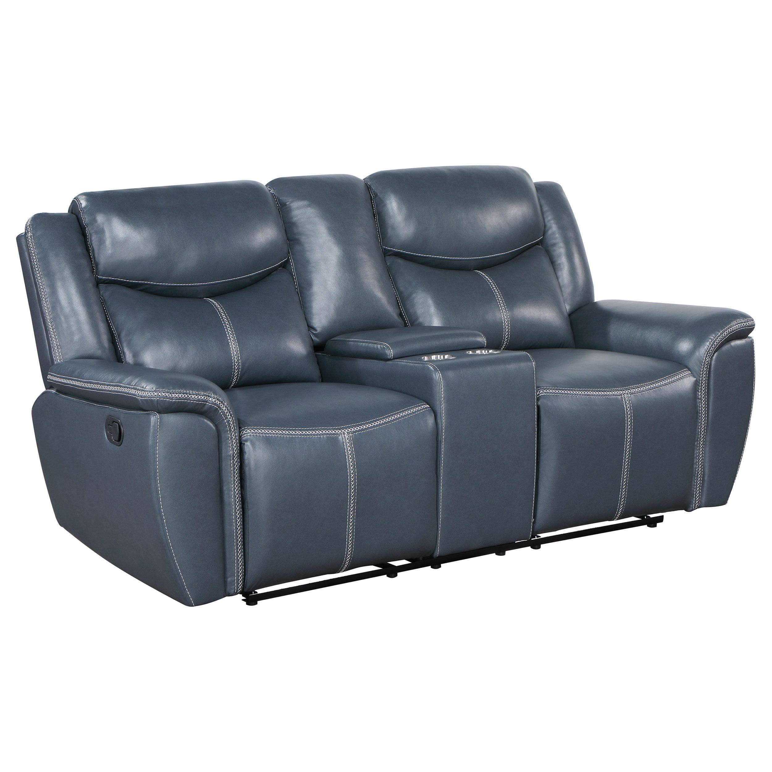 Blue Faux Leather Reclining Loveseat with Cup Holder