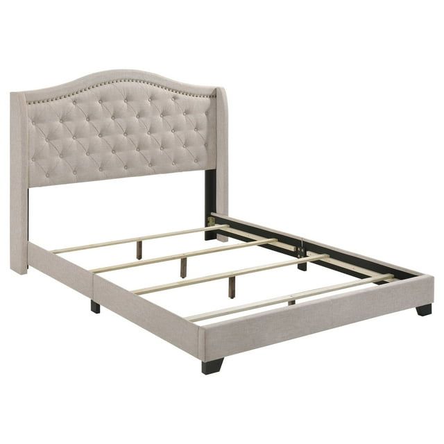 Beige Full Upholstered Bed with Tufted Headboard and Nailhead Trim