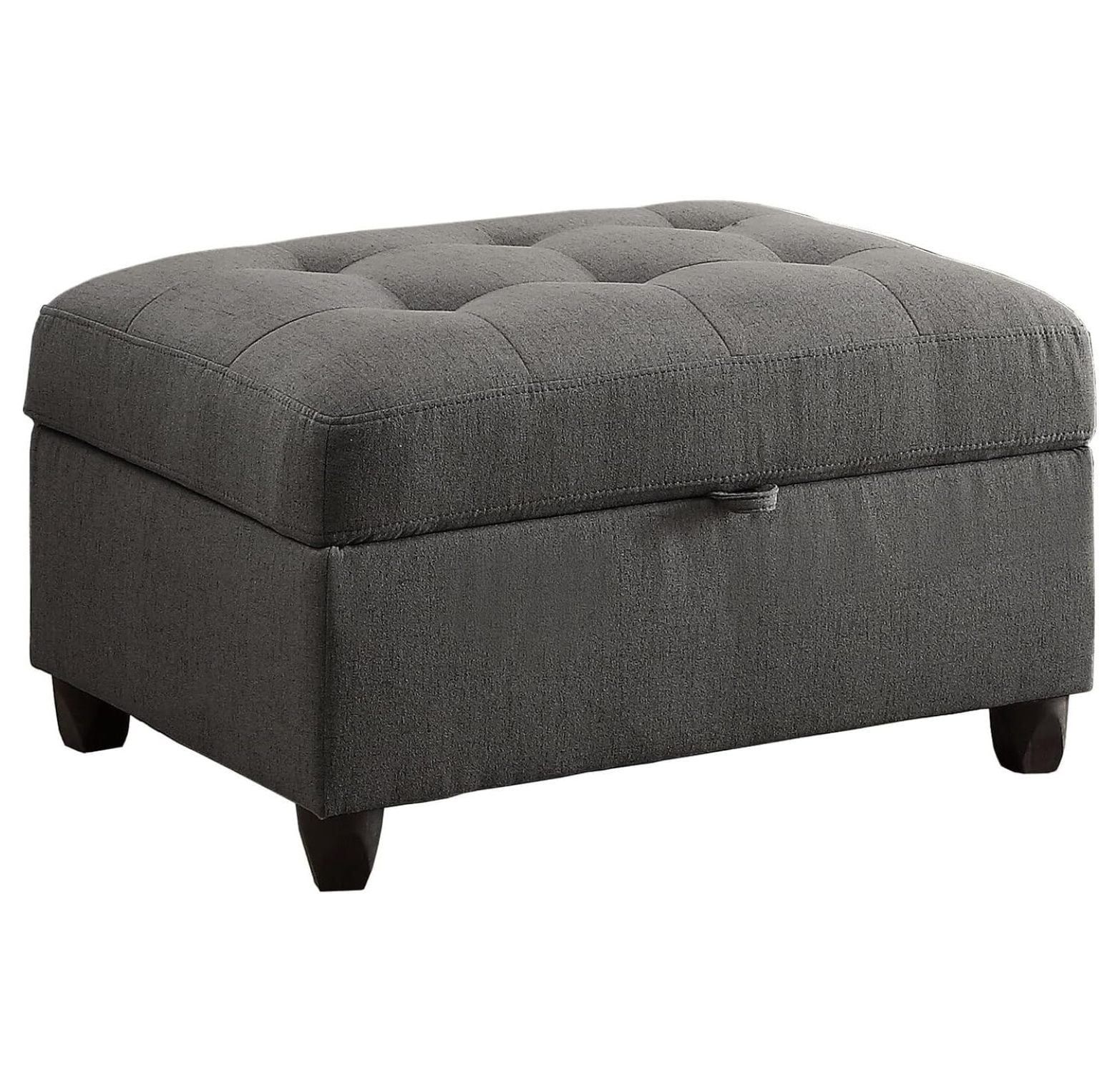 Gray Tufted Linen Storage Ottoman with Black Legs