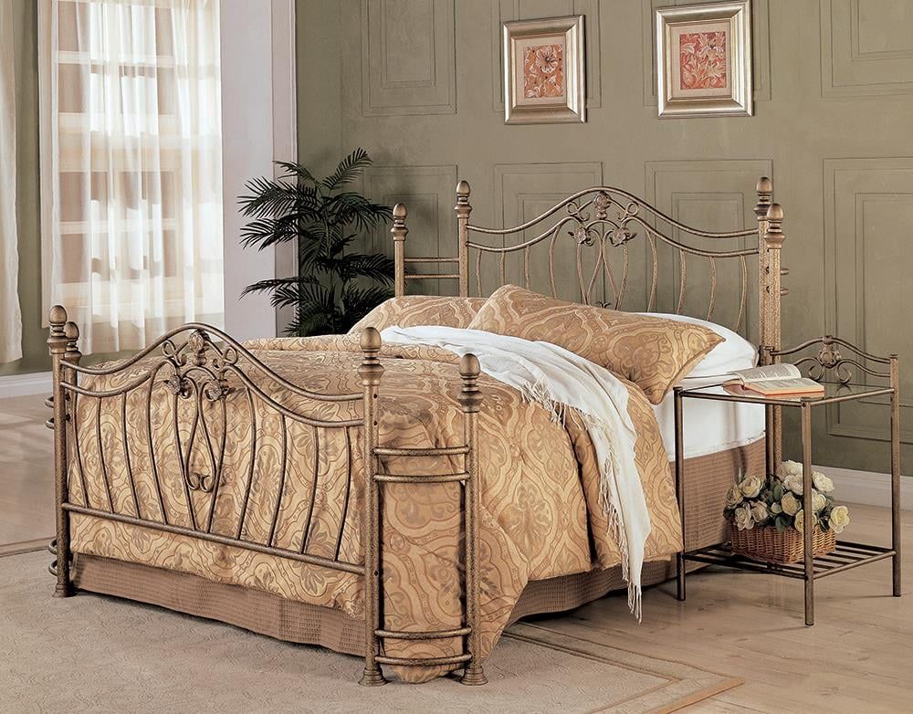 Antique Brushed Gold Queen Metal Bed with Headboard