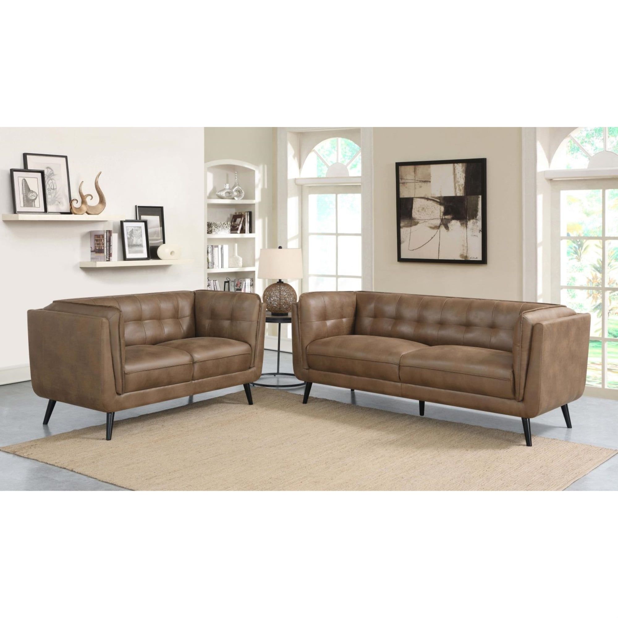 Brown Microfiber Tufted Sofa and Loveseat Set with Dark Wood Legs