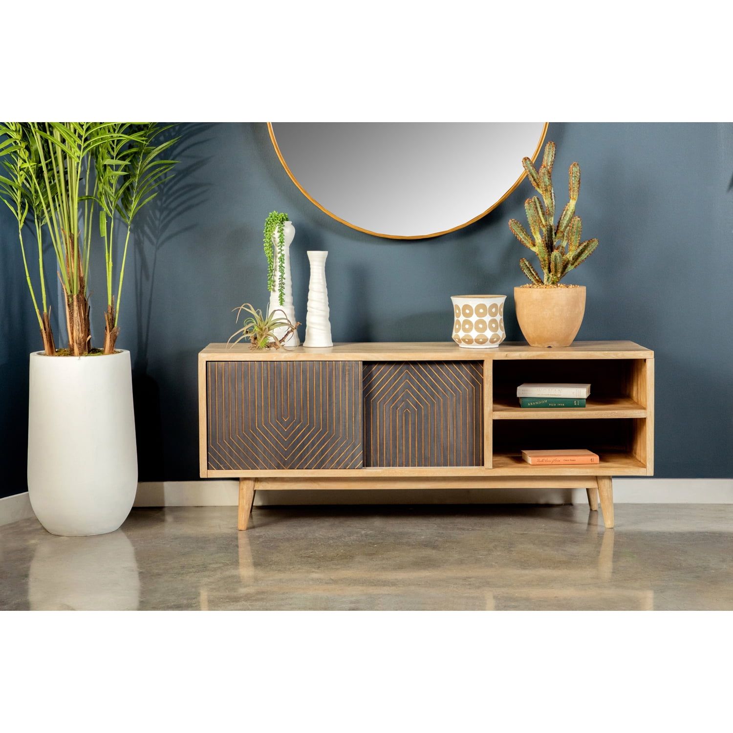 Natural Mango Wood 60" TV Console with Geometric Sliding Doors