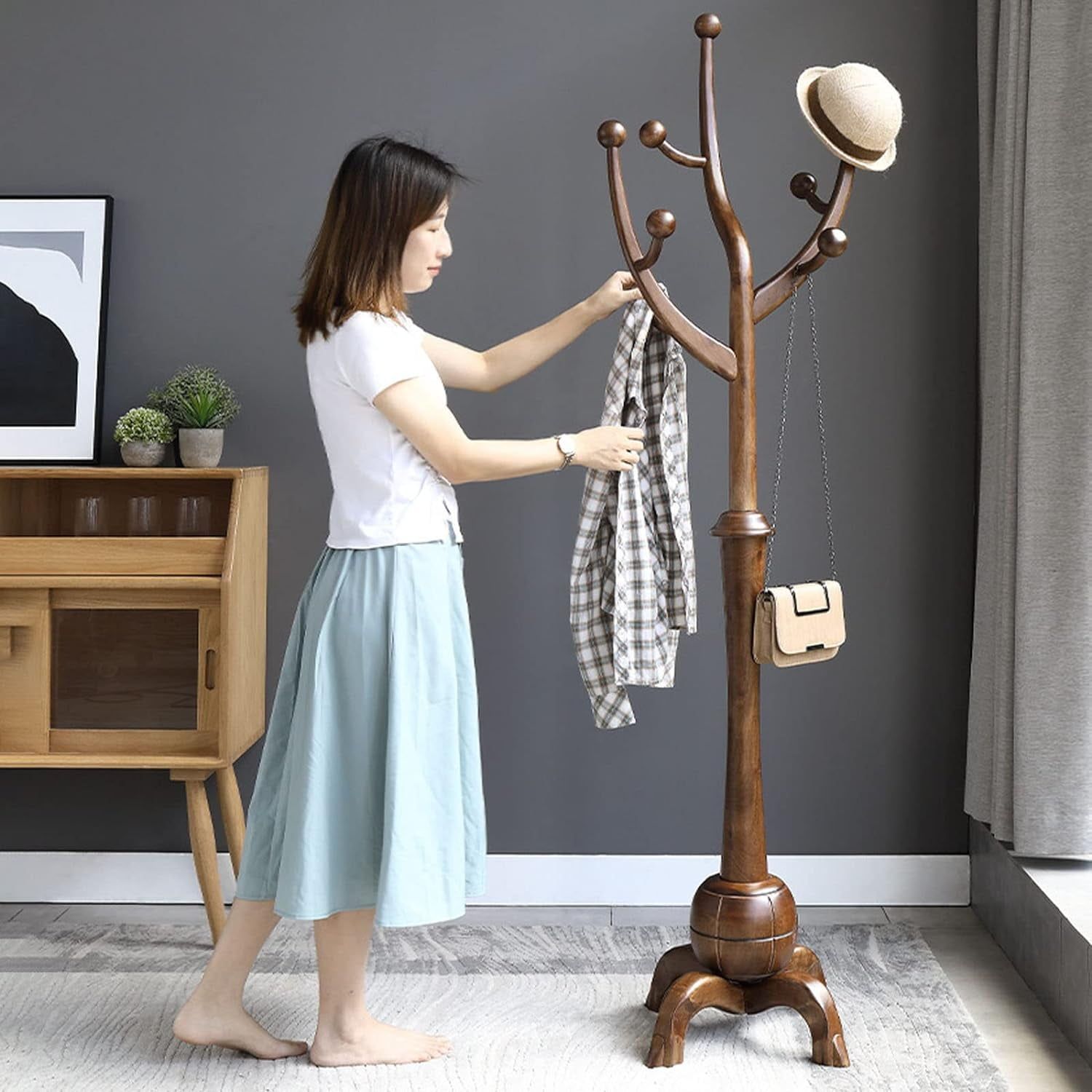 Walnut Brown Freestanding Wooden Coat Rack with 8 Hooks