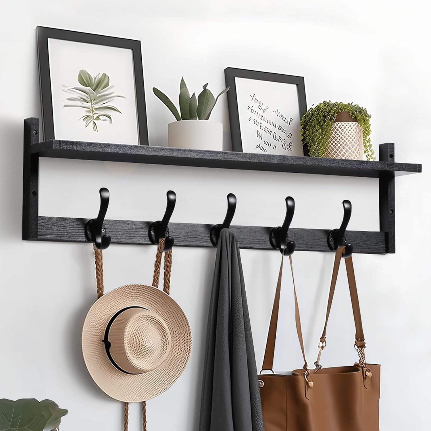 Black Wood Wall Mount Coat Rack with Shelf and 5 Hooks