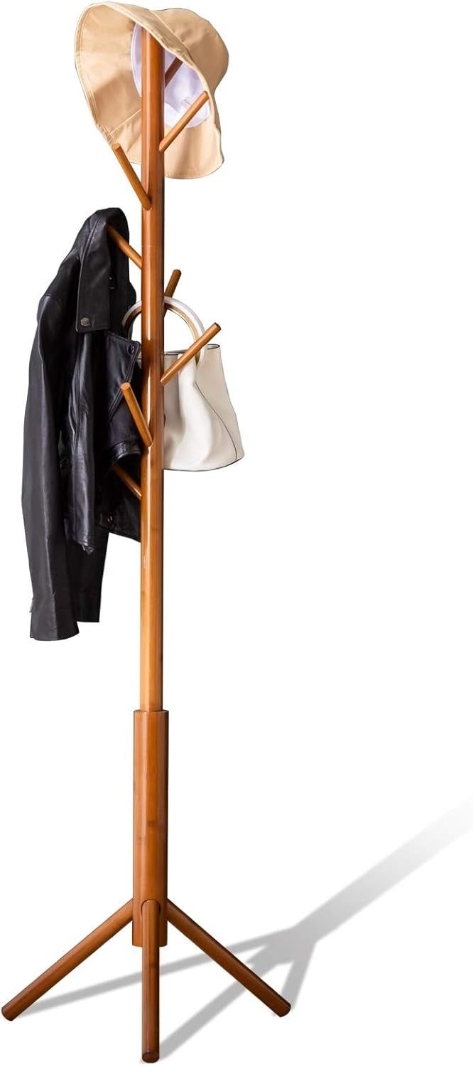 Adjustable Brown Bamboo Freestanding Coat Rack with 8 Hooks