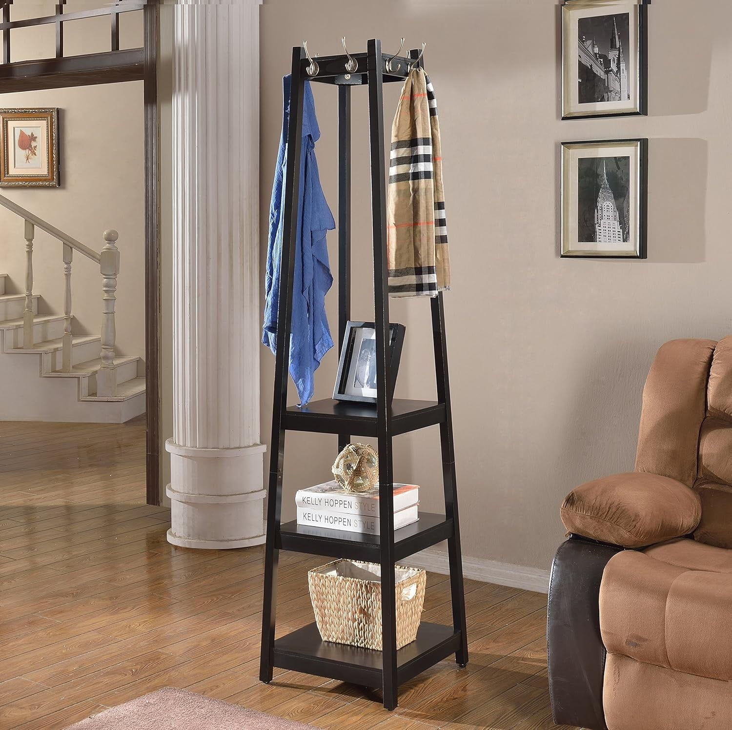 Black Wood Coat Rack with 3-Tier Storage Shelves