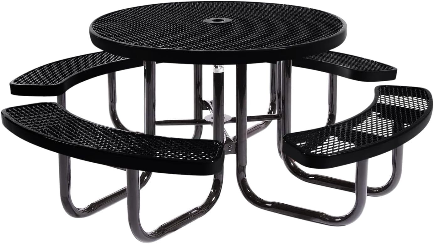 Black Expanded Metal Round Outdoor Picnic Table with Umbrella Hole