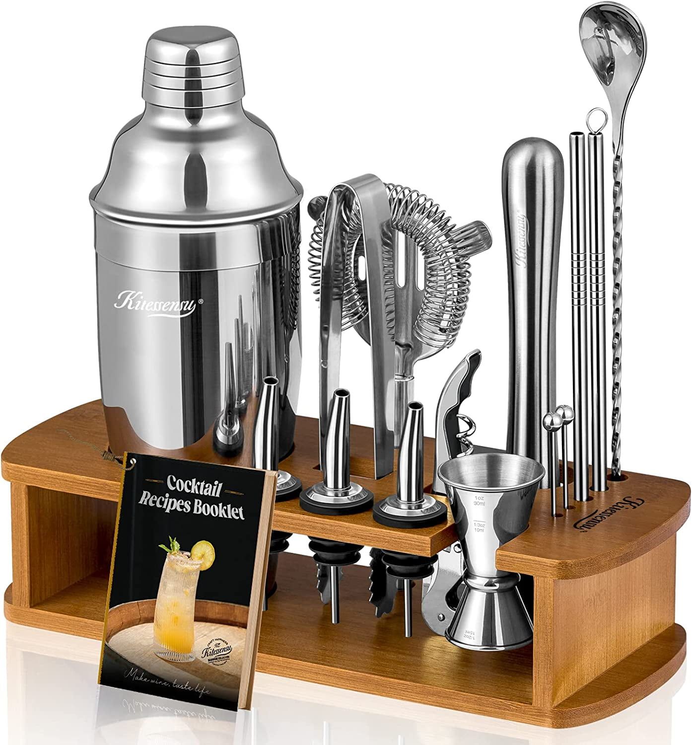 Premium Stainless Steel Bartender Kit with Bamboo Stand