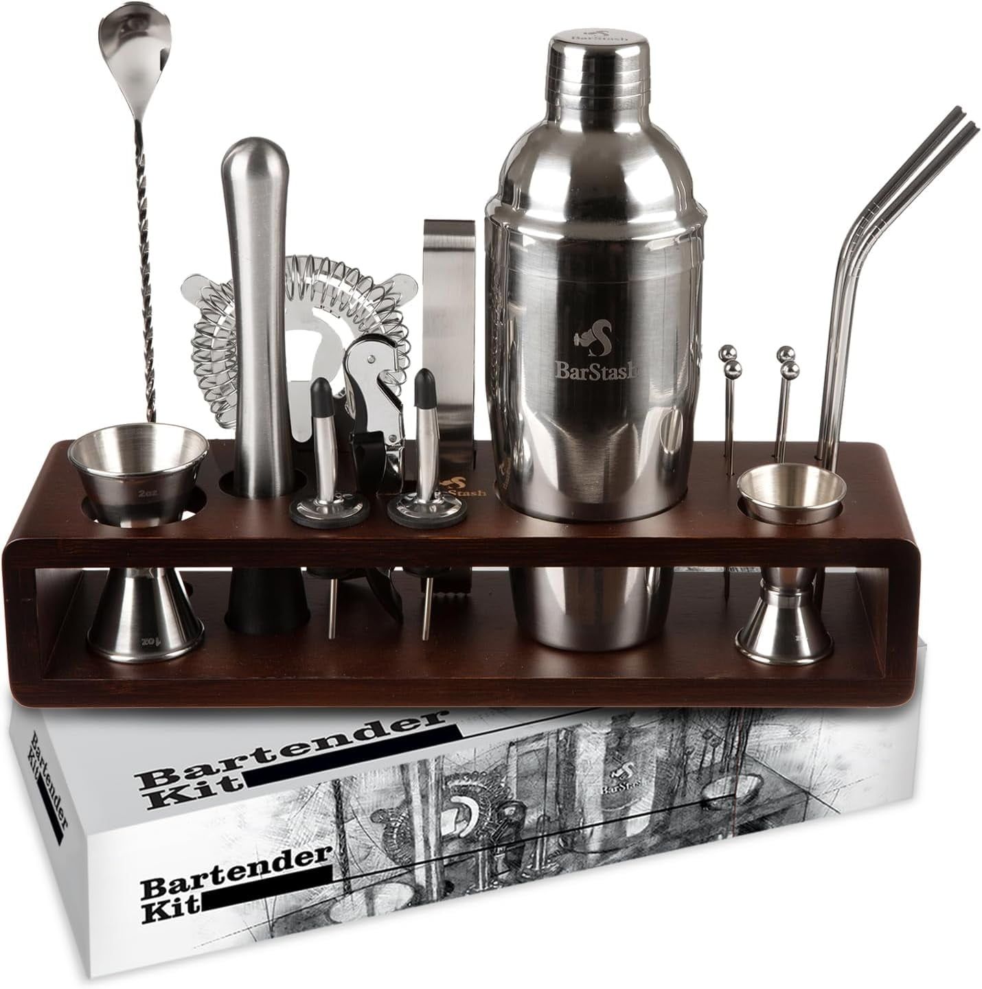 Stainless Steel Bartender Kit with Bamboo Stand and Accessories