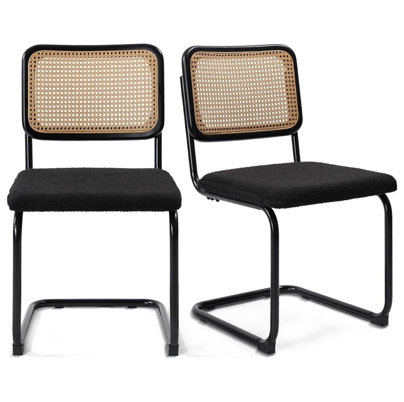 Black Rattan and Cane Upholstered Dining Chairs, Set of 2