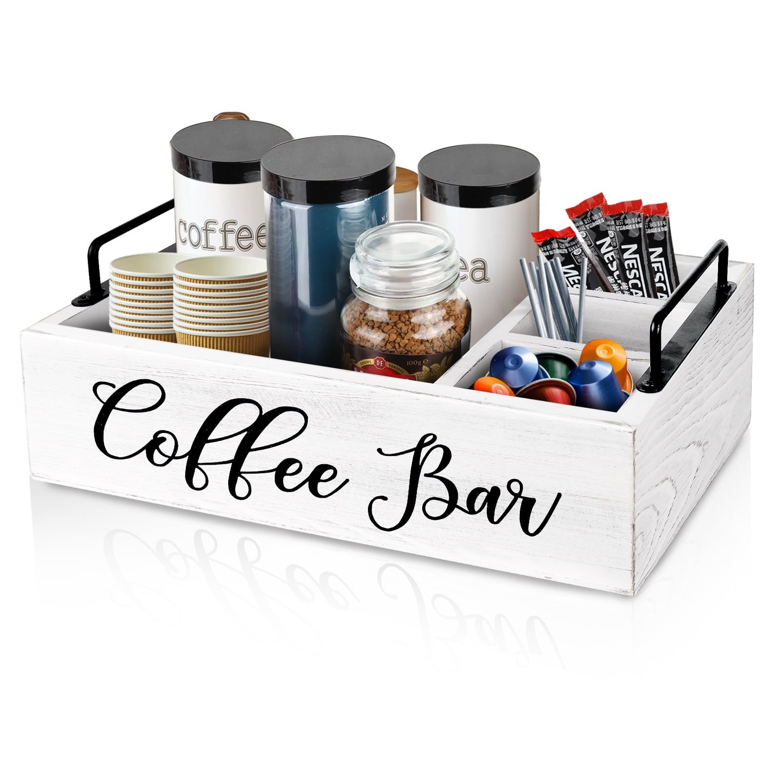 White Wooden Coffee Station Organizer with 4 Compartments