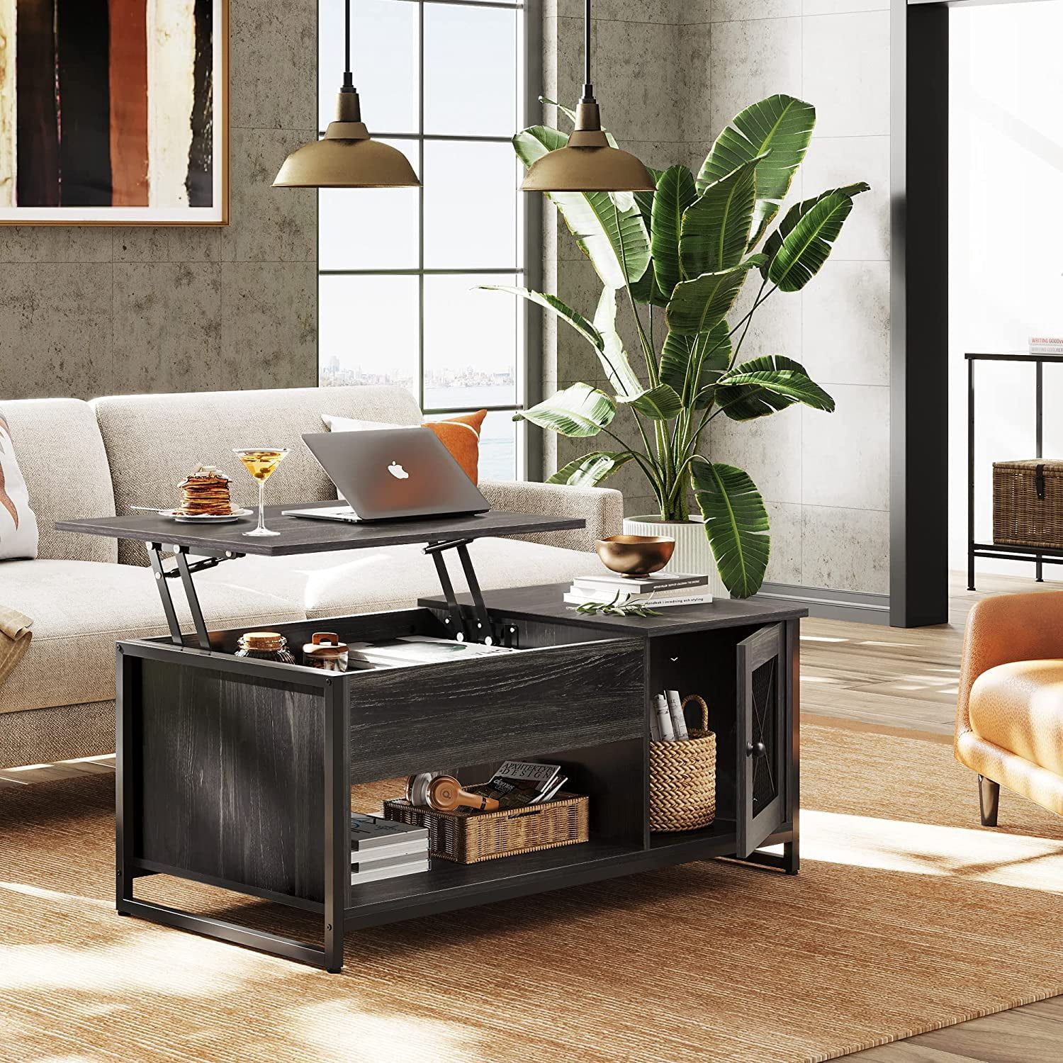 Charcoal Black Wood and Metal Lift-Top Coffee Table with Storage