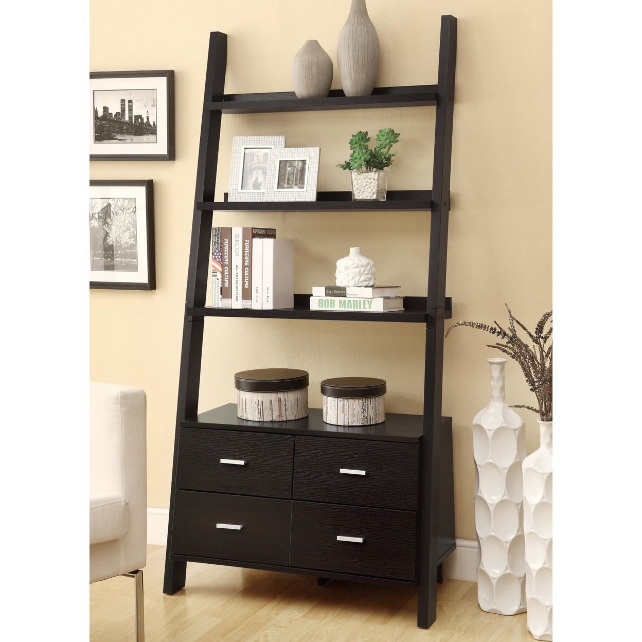 Cappuccino 69" MDF Ladder Bookcase with 4 Drawers