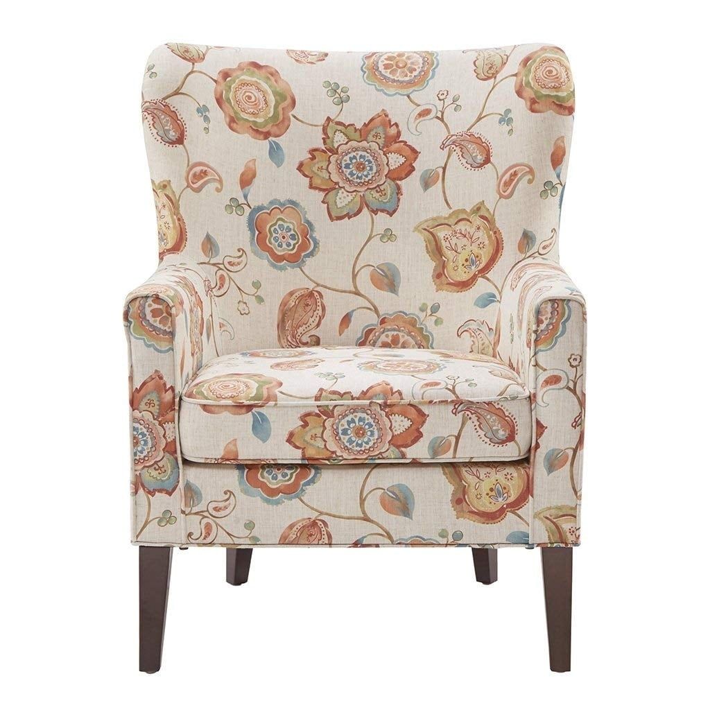 Floral Cream Wingback Accent Chair with Wood Legs