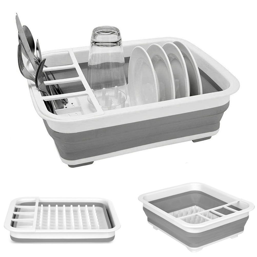 Gray and White Collapsible Plastic Dish Drying Rack