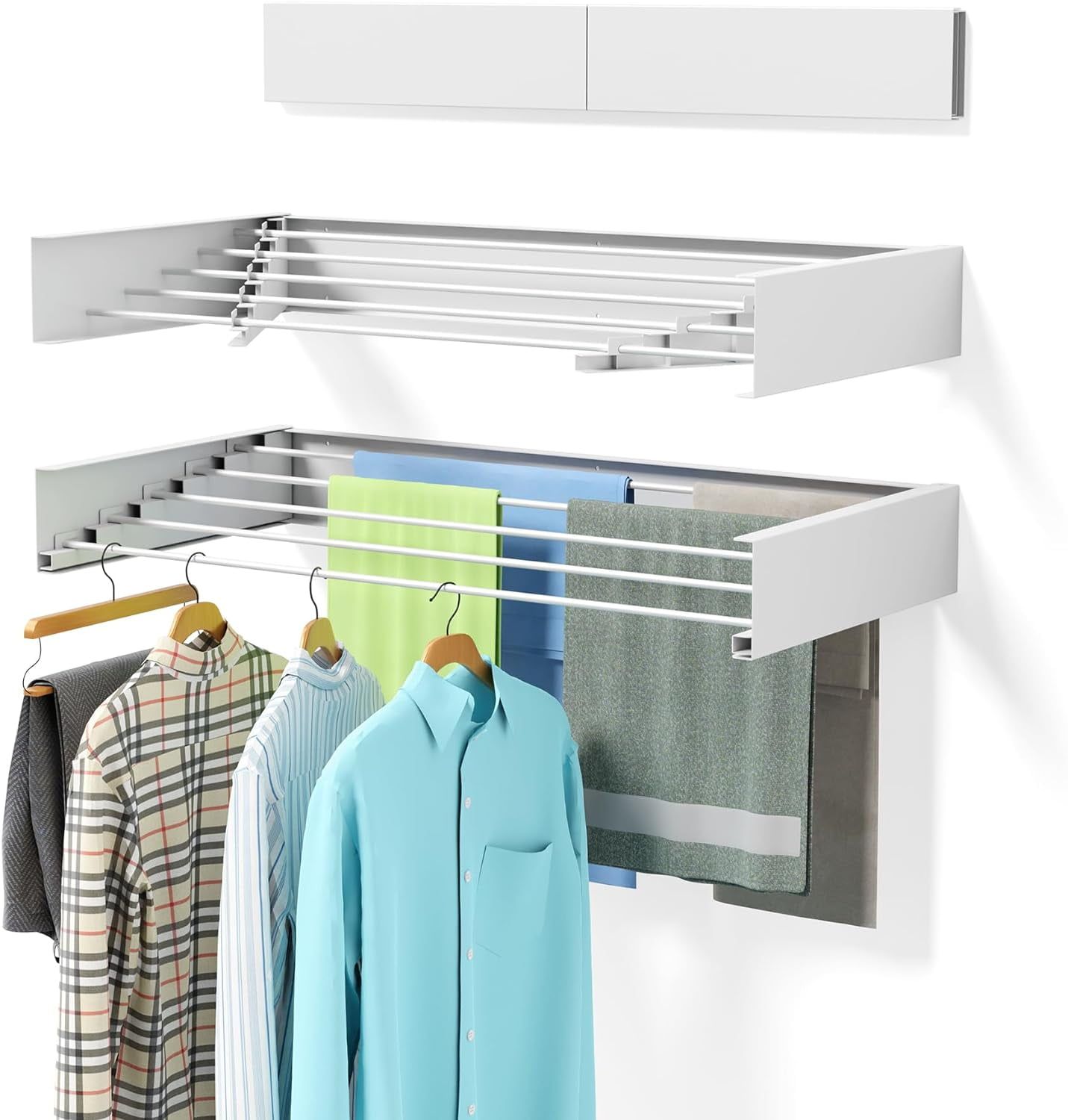 Expandable White Wall Mounted Clothes Drying Rack with Aluminum Rods