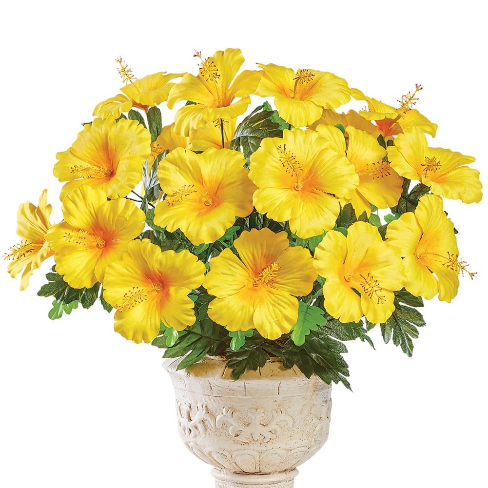 Bright Yellow Faux Hibiscus Bushes Set for Outdoor Summer Decor