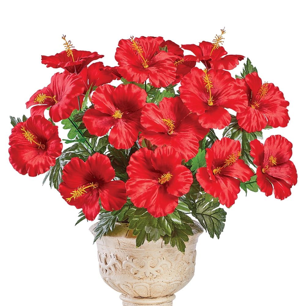Bright Red Faux Hibiscus Outdoor Arrangement, 18 Inches